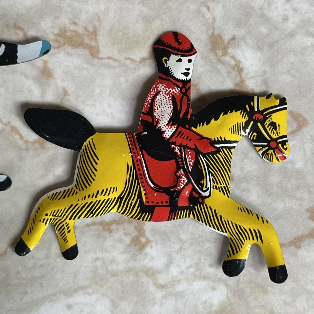 Set Of‎ 3 Tin Lithograph Cracker Jack Premium Prize Toy Horse Jockey Clown Ring